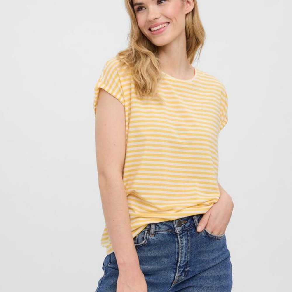 Yellow and White Striped T-shirt French Style Size M